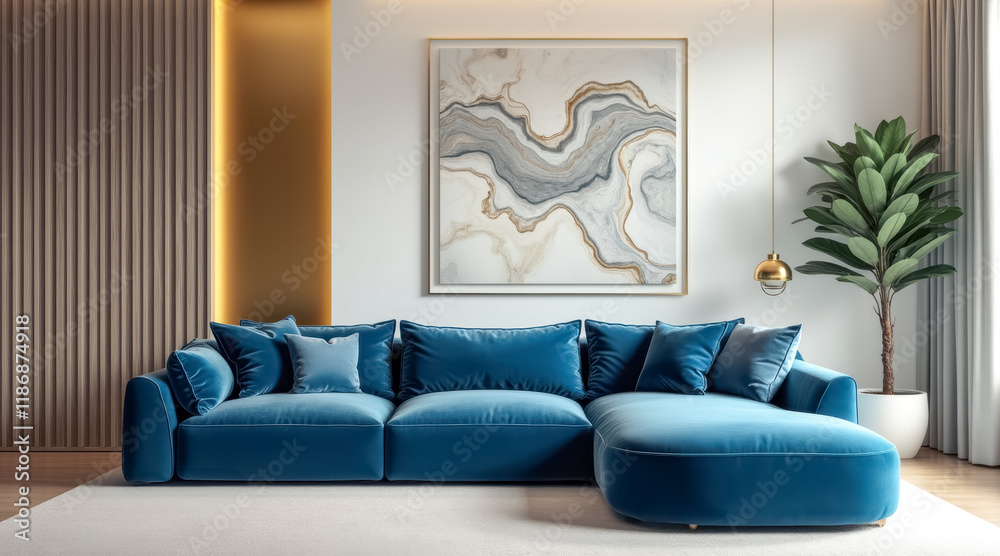 Fototapeta premium modern sectional sofa deep blue velvet