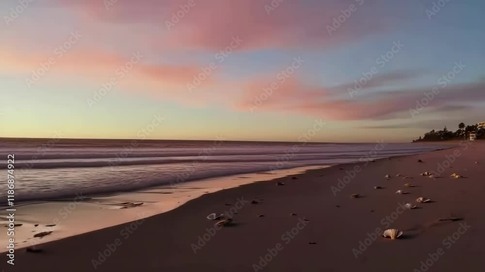 Serene beach at sunset with gentle waves and scattered seashells on the sand. Serene beach at sunset with gentle waves and scattered seashells on the sand.