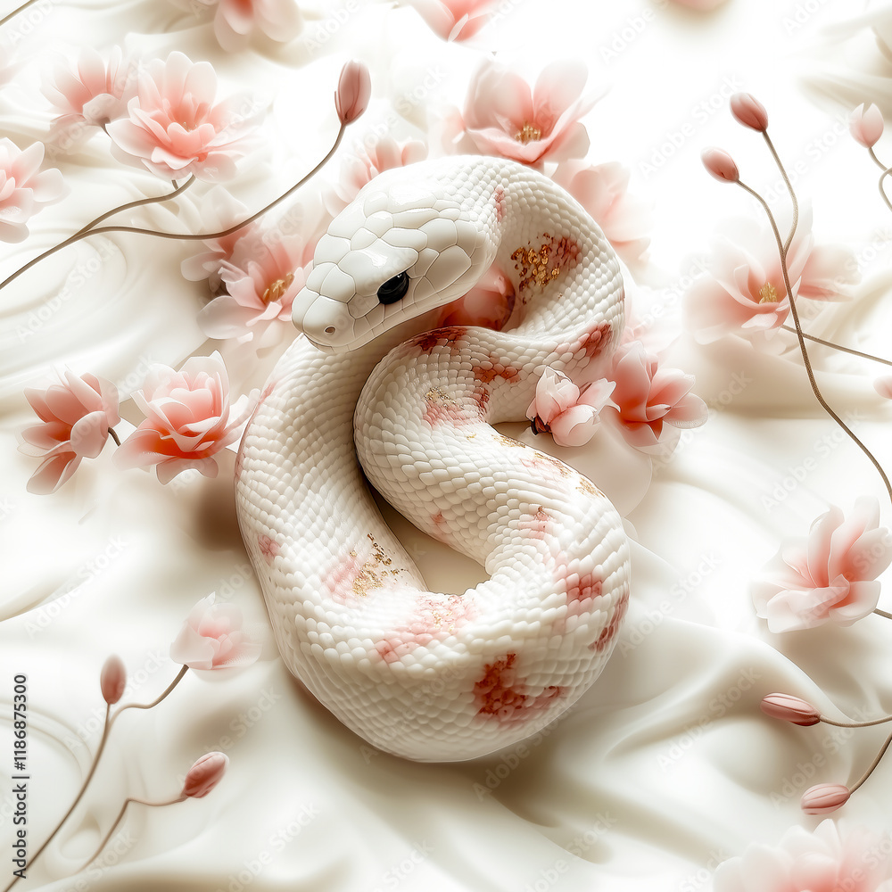 Fototapeta premium 2025 year of the Snake, Snake, Seollal, Beautiful and Elegant white Snake, with red flowers, for Korean LUNAR NEW YEAR, Chinese New Year 