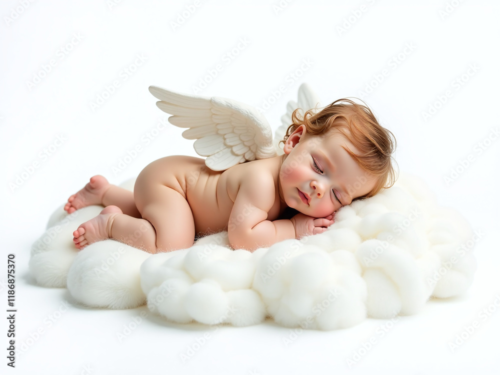 A Small Child Is Depicted As An Angel, Lying Gently On A Soft Cloud In An Isolated White Setting. 00001 A Small Child Is Depicted As An Angel, Lying Gently On A Soft Cloud In An Isolated White Setting. 00001