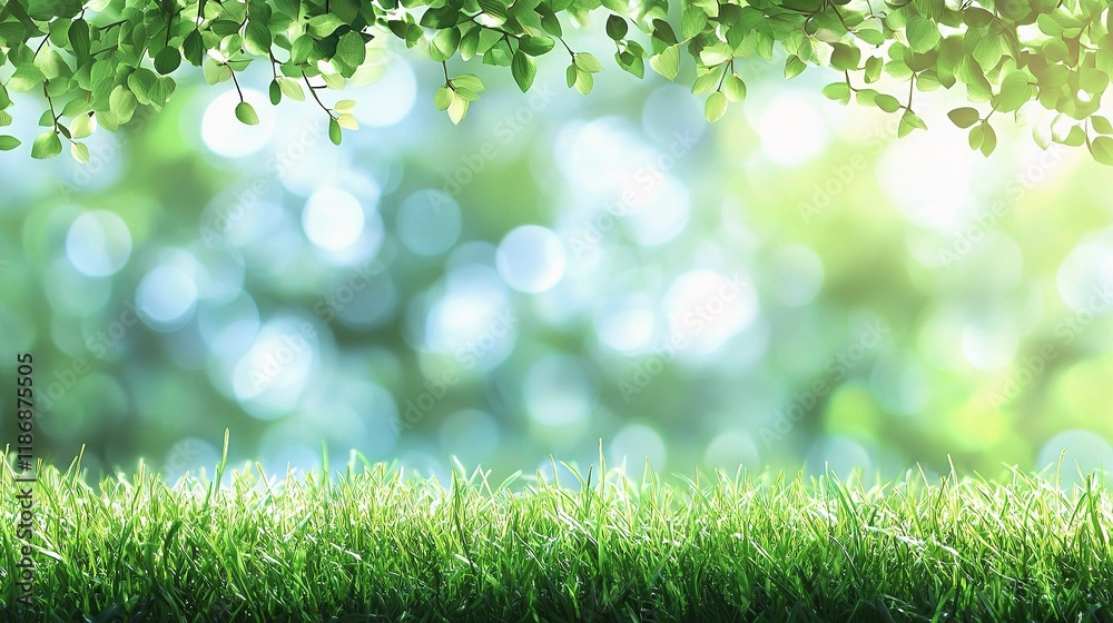Calm Spring Meadow Under a Bright Blue Sky with Lush Greenery