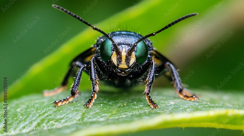 Closeup of Shiny Green Metallic Bee on Leaf with Macro Detail : Generative AI Closeup of Shiny Green Metallic Bee on Leaf with Macro Detail : Generative AI