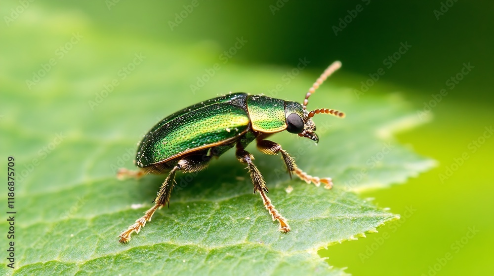 Close Up Detailed View of a Colorful Green Beetle on Leaf in Natural Habitat : Generative AI Close Up Detailed View of a Colorful Green Beetle on Leaf in Natural Habitat : Generative AI