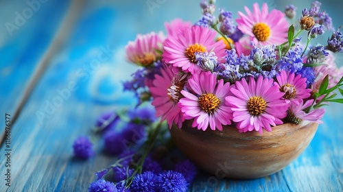 Wallpaper Mural Rustic Decorative Bowl with Pink and Purple Flowers on Weathered Wooden Surface : Generative AI Torontodigital.ca