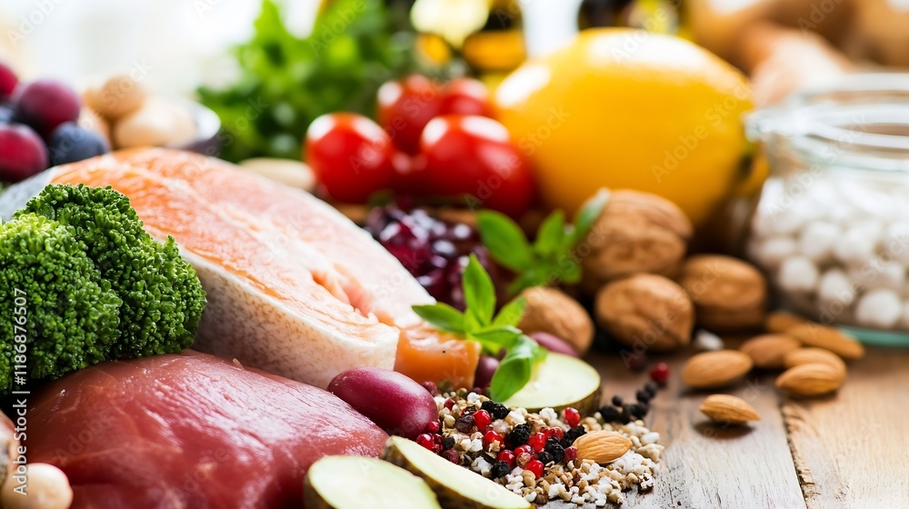 CloseUp of Fresh Healthy Ingredients Including Fish Nuts and Vegetables : Generative AI