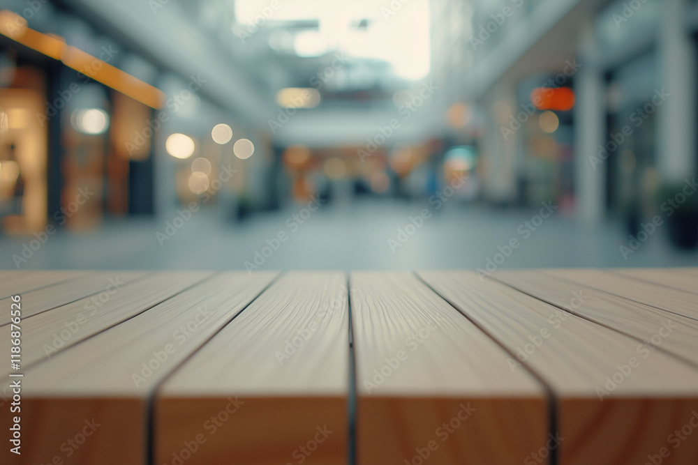 Obraz premium Wooden top table with mall in background