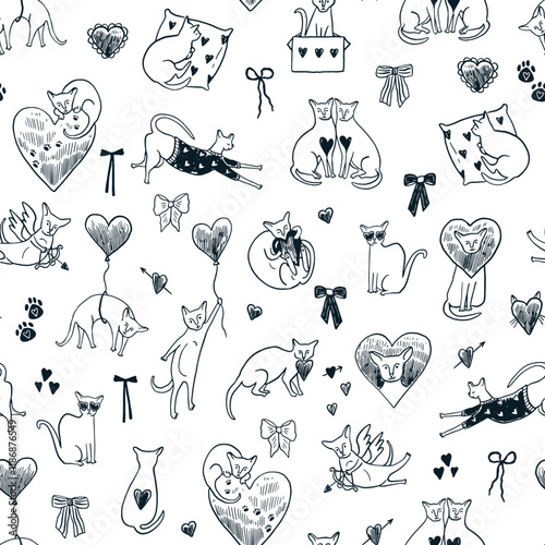 Valentine's day sphinx cats and hearts illustrations seamless line pattern.