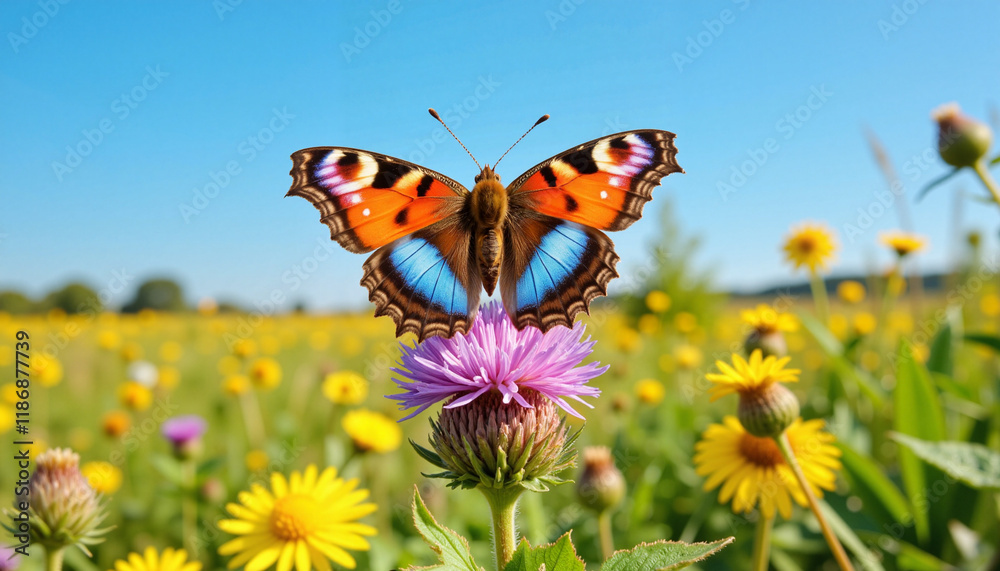 Obraz premium Butterfly resting on pink flower in vibrant field