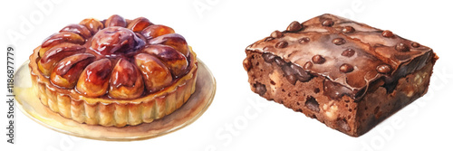 Delicious dessert illustration, watercolor style, sweet pastry art, gourmet brownie, food photography, bakery treats.