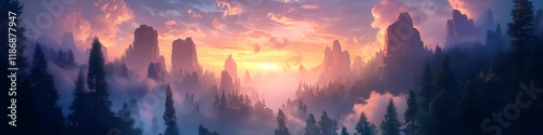 Panoramic view of the sandstone pillars glowing under fiery sunset hues, with dense forests and soft clouds adding depth, in 4K resolution photo