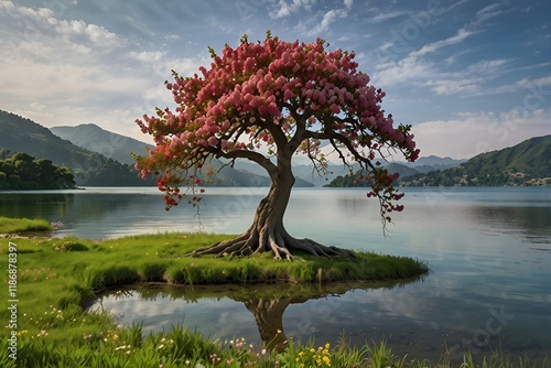 A pink flowering tree with visble roots photo