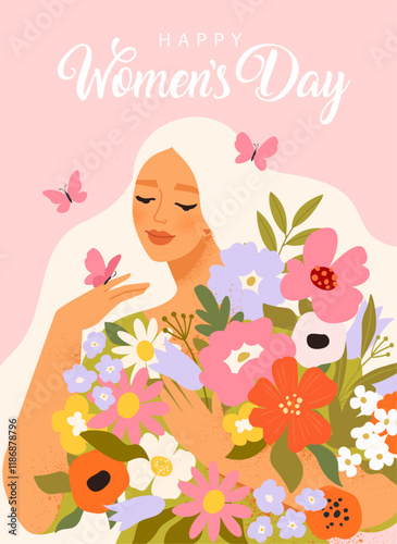 Beauty woman with blond hair holding a bouquet of spring flowersand butterflies. Vector concept of pastel colors for the Women's, Mother's day, Valentine's day, March 8 women's day.