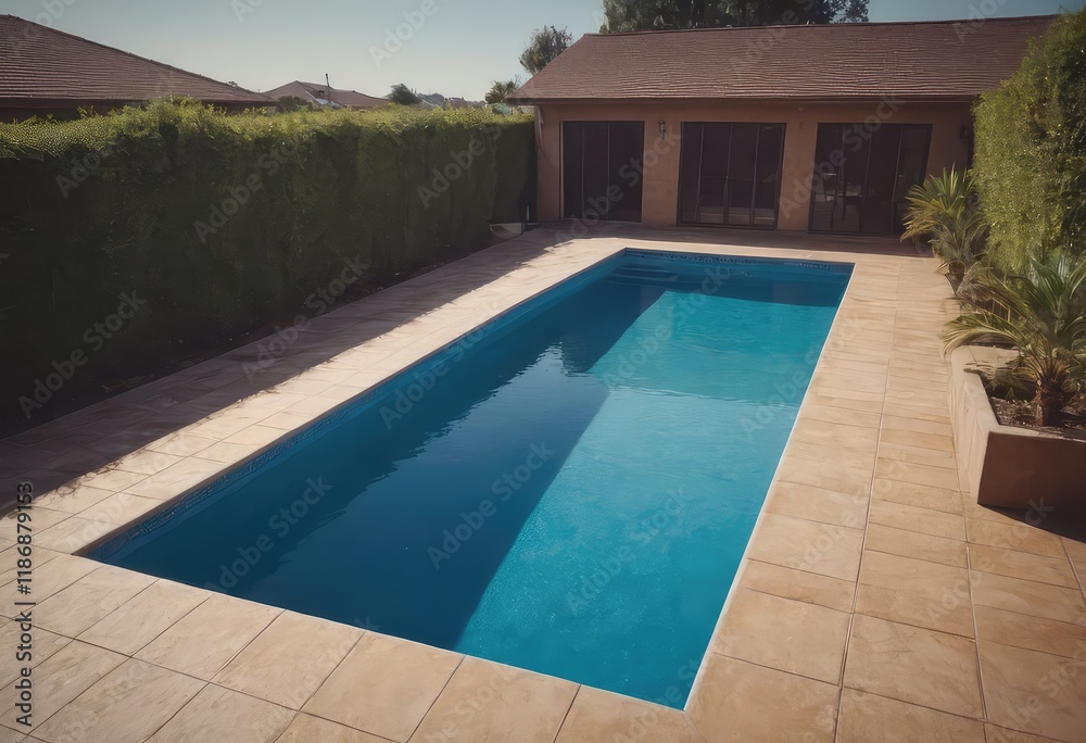 Obraz premium A swimming pool that is beautifully surrounded by lawn chairs and trees