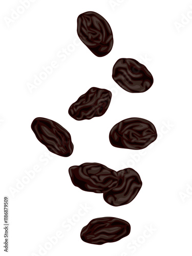 Fallen Dried raisins isolated on white background.perfect for wallpaper or design elements