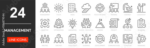 Management thin line icon set. Business and management outline icons collection. Mission, teamwork, values, strategy, organization, communication, human resource - stock vector.