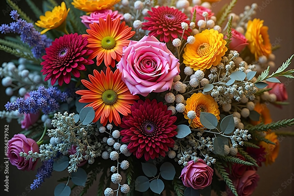 Naklejka premium Vivid and Colorful Mixed Flower Bouquet Still Life with Elegant Floral Arrangement and Fresh Blooms