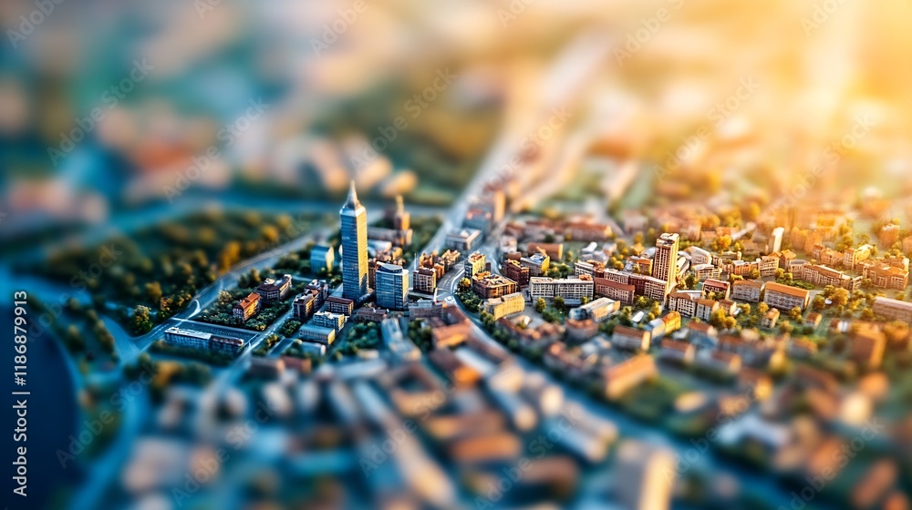 Miniature City View with Tilt Shift Effect and Warm Golden Light : Generative AI Miniature City View with Tilt Shift Effect and Warm Golden Light : Generative AI