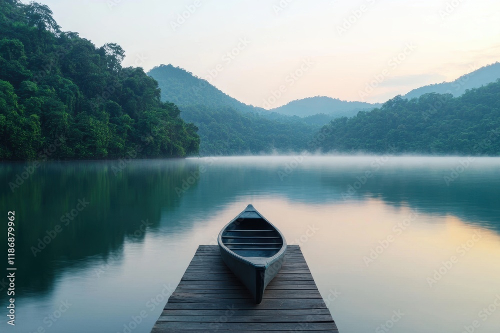 Serene Morning at Tranquil Lake with Canoe and Misty Mountains Serene Morning at Tranquil Lake with Canoe and Misty Mountains