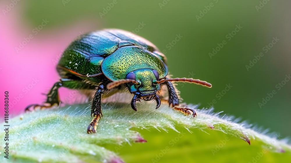 Close Up of Vibrant Metallic Green Beetle Resting on a Leaf with Soft Background Focus : Generative AI