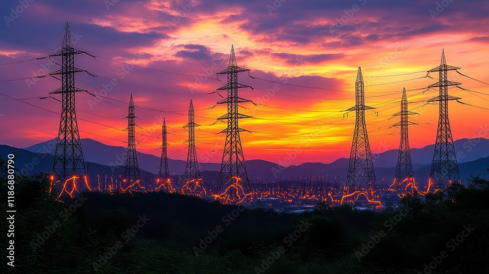 Fototapeta premium Creative depiction of power, with electric currents, glowing grids, and dynamic light patterns, representing how power flows through systems to drive industries, homes, and infrastructure