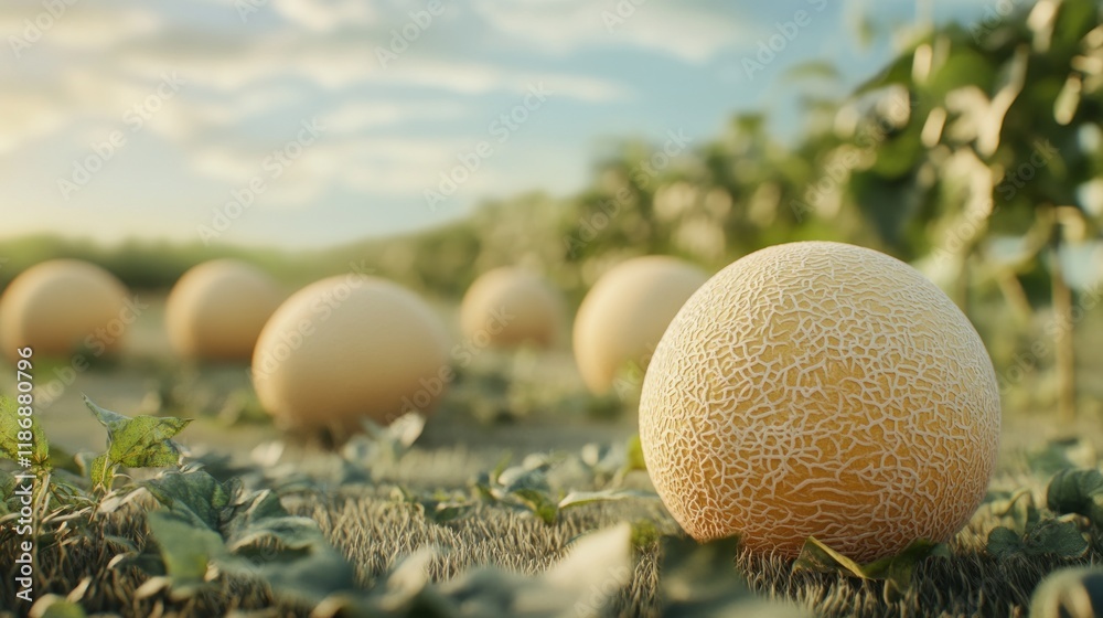 Ripe cantaloupes in a field at sunset. Ripe cantaloupes in a field at sunset.