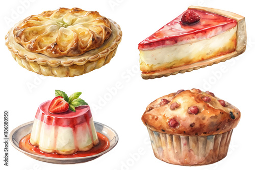 Delicious dessert illustrations, colorful pastries, watercolor style, sweet treats, gourmet desserts, artistic food presentation.