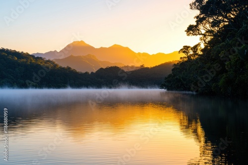 Serene Lake Reflection at Sunrise with Mountains in Background