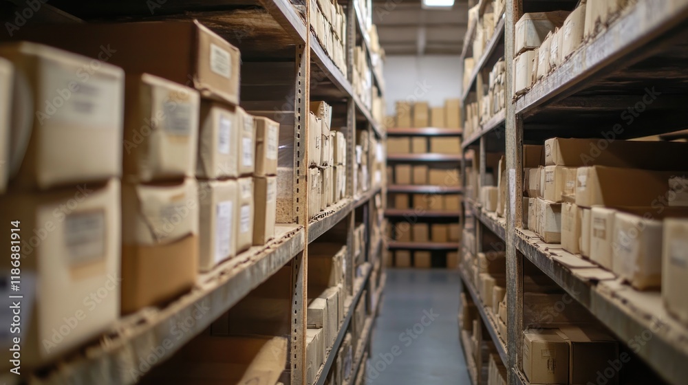 Obraz premium Cardboard boxes on warehouse shelves.