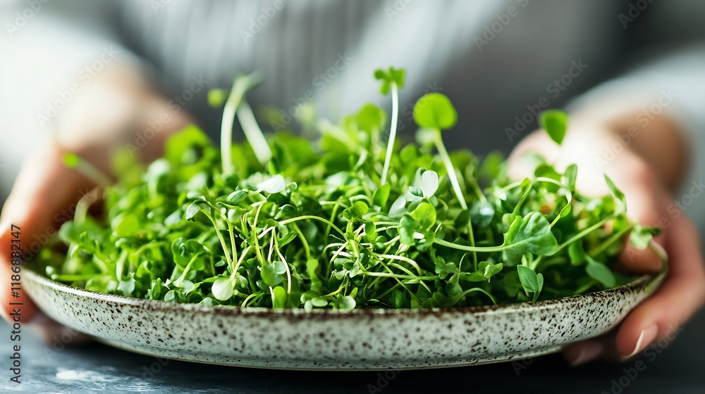 Fresh Microgreens on a Ceramic Plate Held by Hands in a Kitchen Setting : Generative AI Fresh Microgreens on a Ceramic Plate Held by Hands in a Kitchen Setting : Generative AI