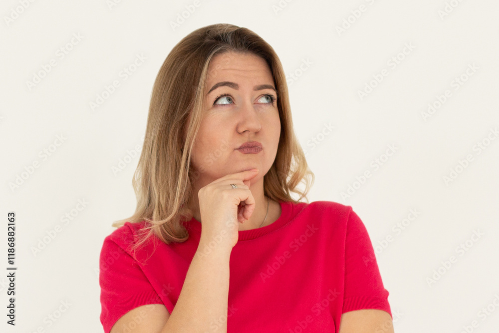 Closeup photo of amazing lady looking up empty space deep thinking creative person arm on chin wear casual red t-shirt isolated white color background Closeup photo of amazing lady looking up empty space deep thinking creative person arm on chin wear casual red t-shirt isolated white color background