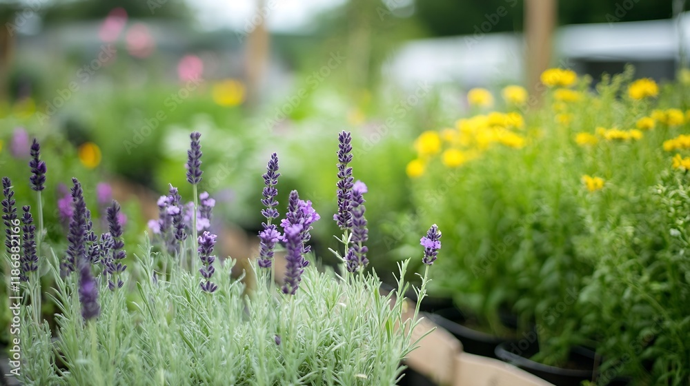 Obraz premium Vibrant Lavender and Marigold Flowers in a Sunlit Garden Nursery Setting : Generative AI