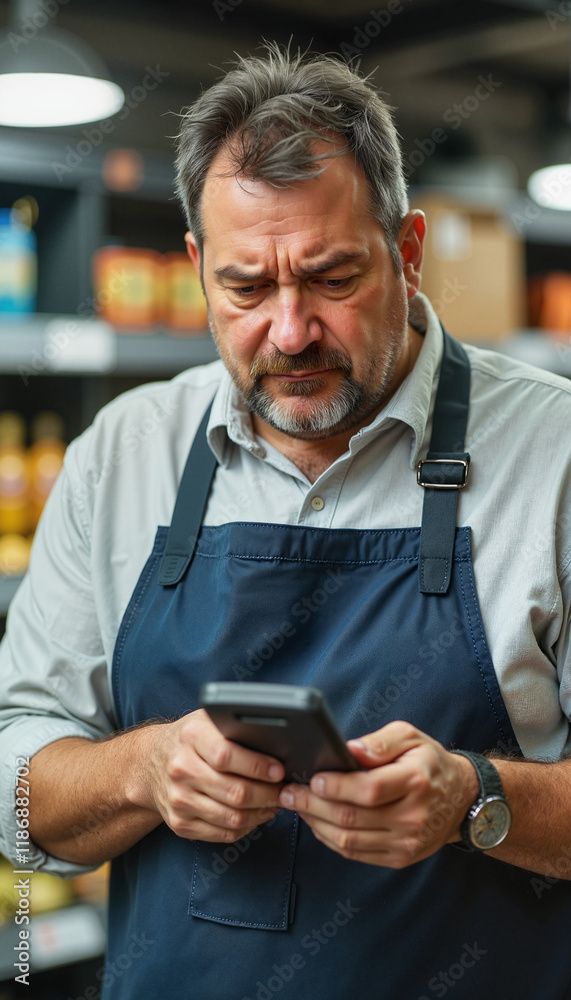 Concerned grocery store employee using a mobile phone Concerned grocery store employee using a mobile phone