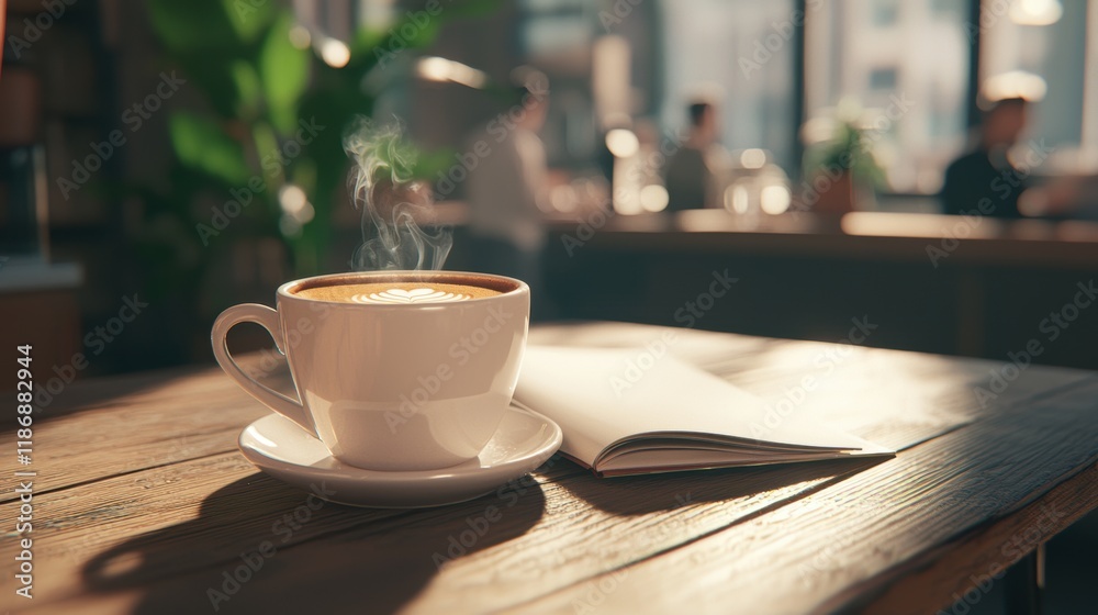 Cozy Coffee Moment with Steaming Cup and Open Book on Table Cozy Coffee Moment with Steaming Cup and Open Book on Table