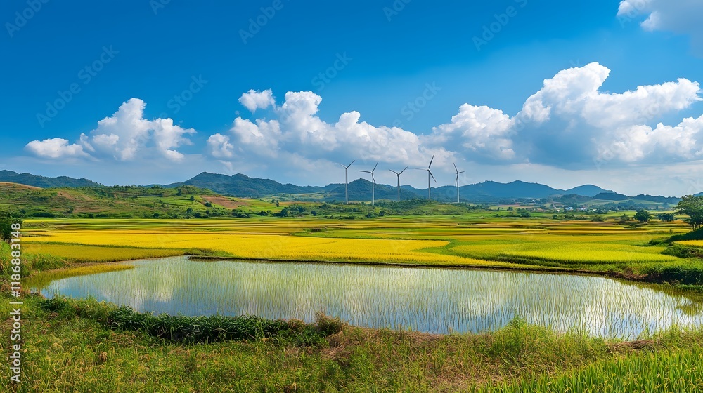 Fototapeta premium Serene Landscape Featuring Wind Turbines and Rice Paddies