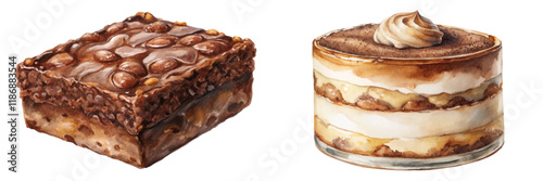 Delicious dessert illustrations, rich chocolate brownie, creamy tiramisu layers, watercolor style, food art, culinary delights.