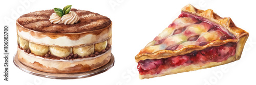 Delicious dessert illustrations, watercolor cake, berry pie, sweet treats, food art, culinary design.