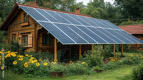 Creative design of solar energy, featuring shining solar panels and the sunâ€™s rays reflecting on clean, green landscapes, illustrating the potential of solar power in achieving environmental photo