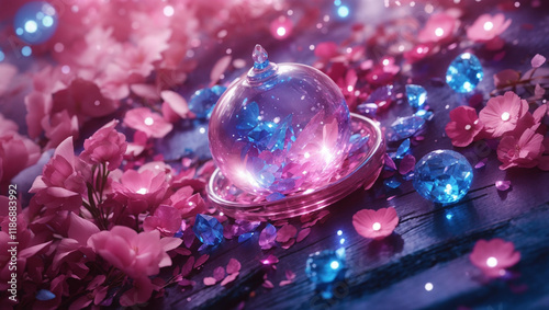 This image shows a decorative still life with a glass sphere and sparkling accents. It is likely an AI-generated illustration, based on the surrounding form.