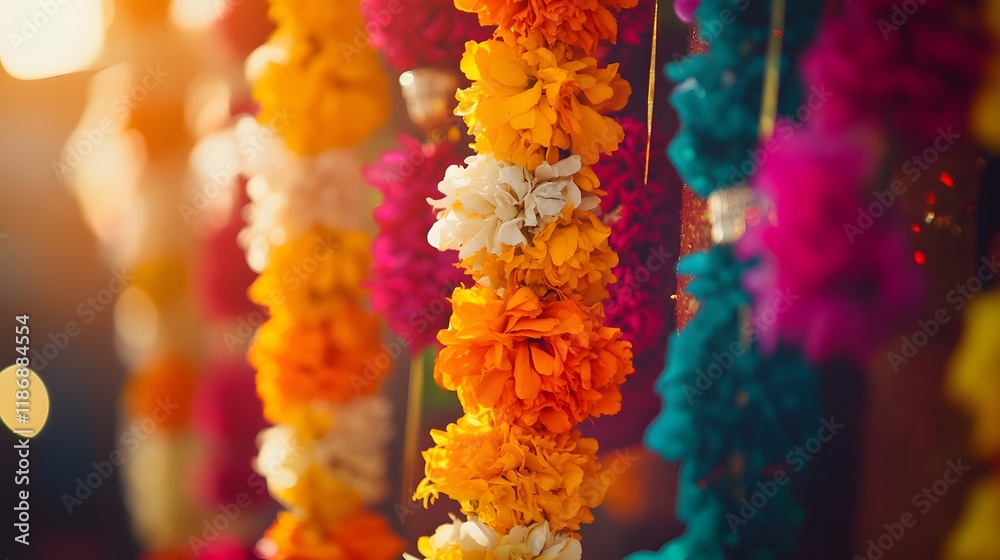 Obraz premium Colorful floral garlands hanging, market stall, festival bokeh