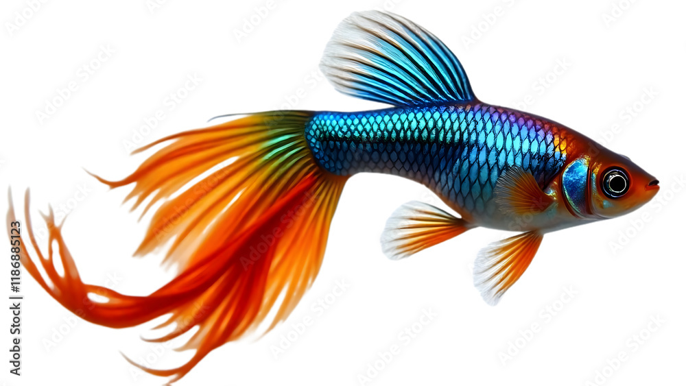 Fototapeta premium Vibrant Rainbow Guppy Fish Colorful Tail Fin transparent background