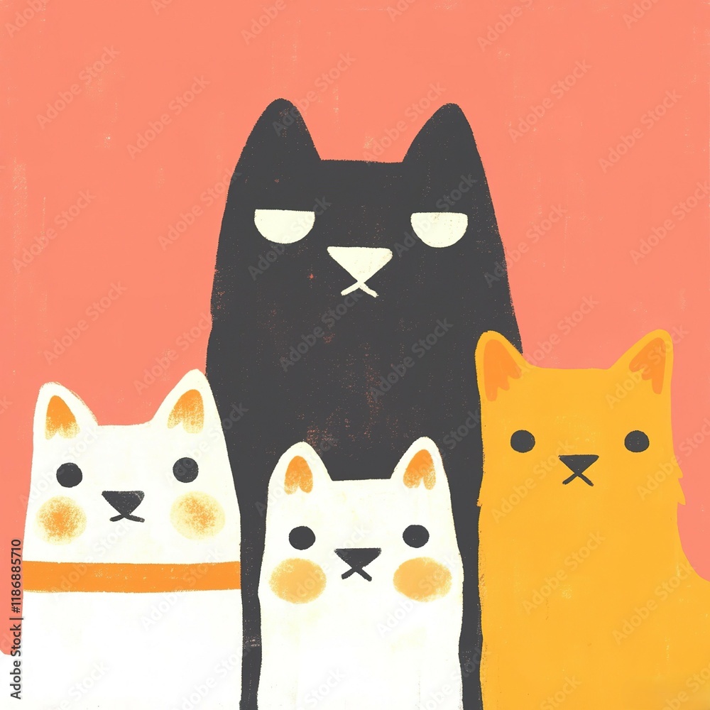 Obraz premium A colorful illustration featuring four stylized cats with distinct expressions against a vibrant background.