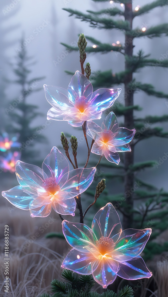 Fototapeta premium beautiful light spectrum spruce flowers, created by generative ai