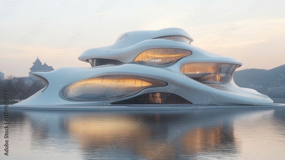 Abstract depiction of architecture, with overlapping shapes and curved lines, symbolizing the fusion of organic design elements and futuristic structures in modern urban planning Abstract depiction of architecture, with overlapping shapes and curved lines, symbolizing the fusion of organic design elements and futuristic structures in modern urban planning