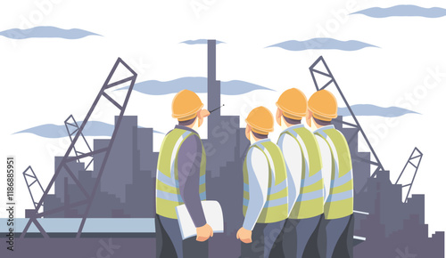 illustration of a foreman giving instructions in a building construction project suitable for use in property advertisements and development projects