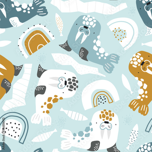 Vector cute seamless pattern with cartoon walrus, ice floes, fish, rainbow and snow . Arctic animals. Winter. Kids texture for fabric, wrapping, textile, wallpaper. Nursery. Baby. Animal print.
