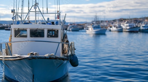 Docked Fishing Boat in a Busy Harbor with Boats Under Blue Sky During Daytime. : Generative AI