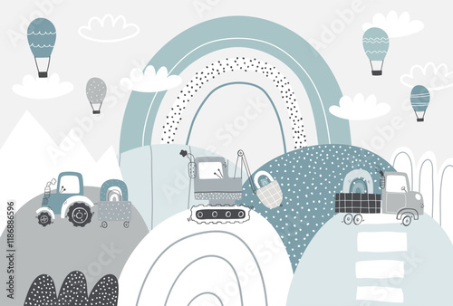 Vector children hand drawn cute construction cars, mountain landscape, balloons and clouds. Boho trendy design. Scandinavian. Illustration. Kids wallpaper design. Baby room design, wall decor, mural.