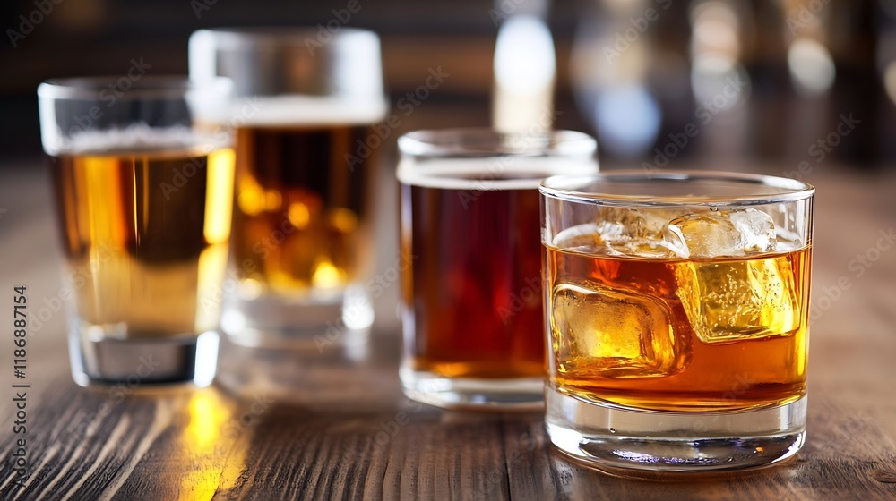 Variety of whiskey glasses with different whiskeys on rustic wooden bar counter set for tasting : Generative AI Variety of whiskey glasses with different whiskeys on rustic wooden bar counter set for tasting : Generative AI