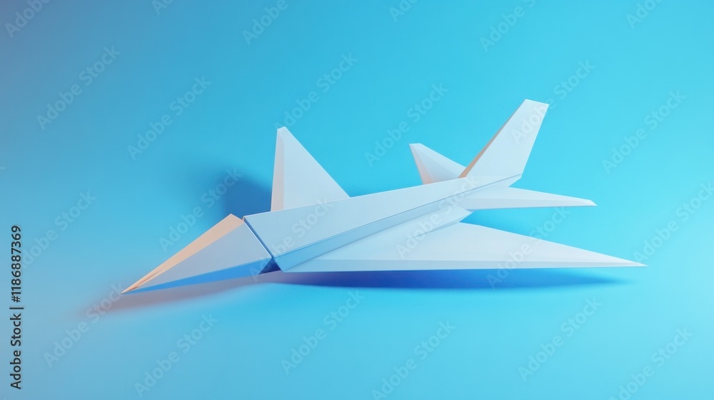 Low-poly paper airplane model on light blue background. Low-poly paper airplane model on light blue background.