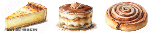 Delicious dessert trio, creamy cheesecake slice, rich tiramisu cup, sweet cinnamon roll. Perfect for food lovers.